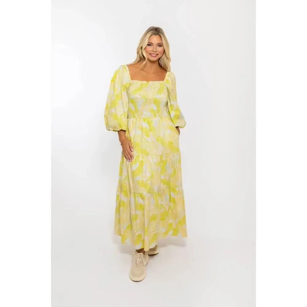 Karlie Women’s Large Tropical Leaf Poplin Smock Puff Sleeve Maxi Dress